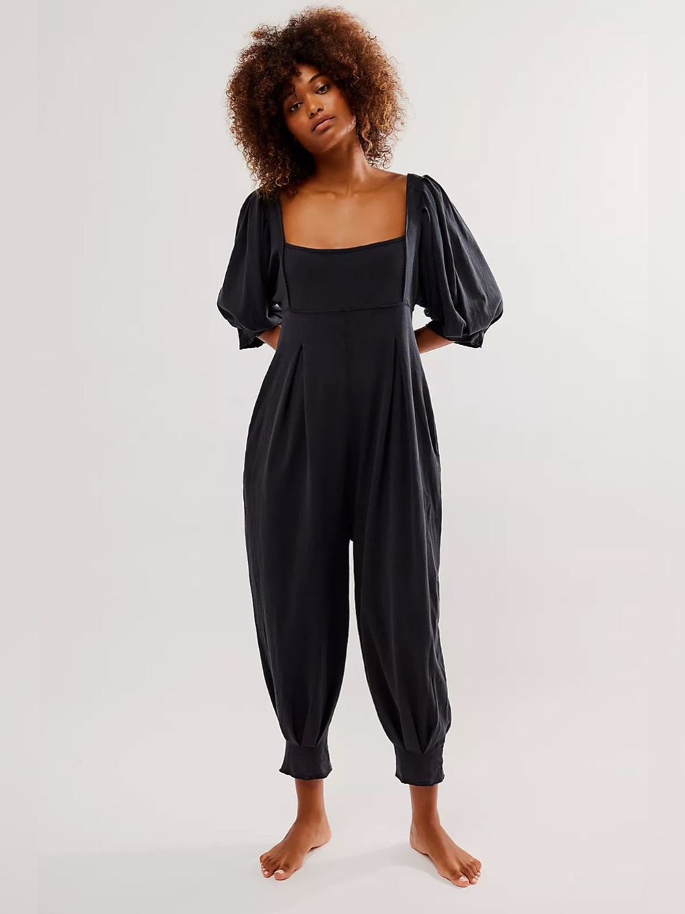 Free People Lotta Love Puff-Sleeve Jumpsuit Size L boho relaxed chic lounge 90s